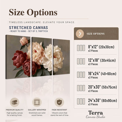 Large blush peonies and rust-colored flowers in a softly shaded arrangement 3 piece canvas wall art available dimensions; triptych dimensions are per panel
