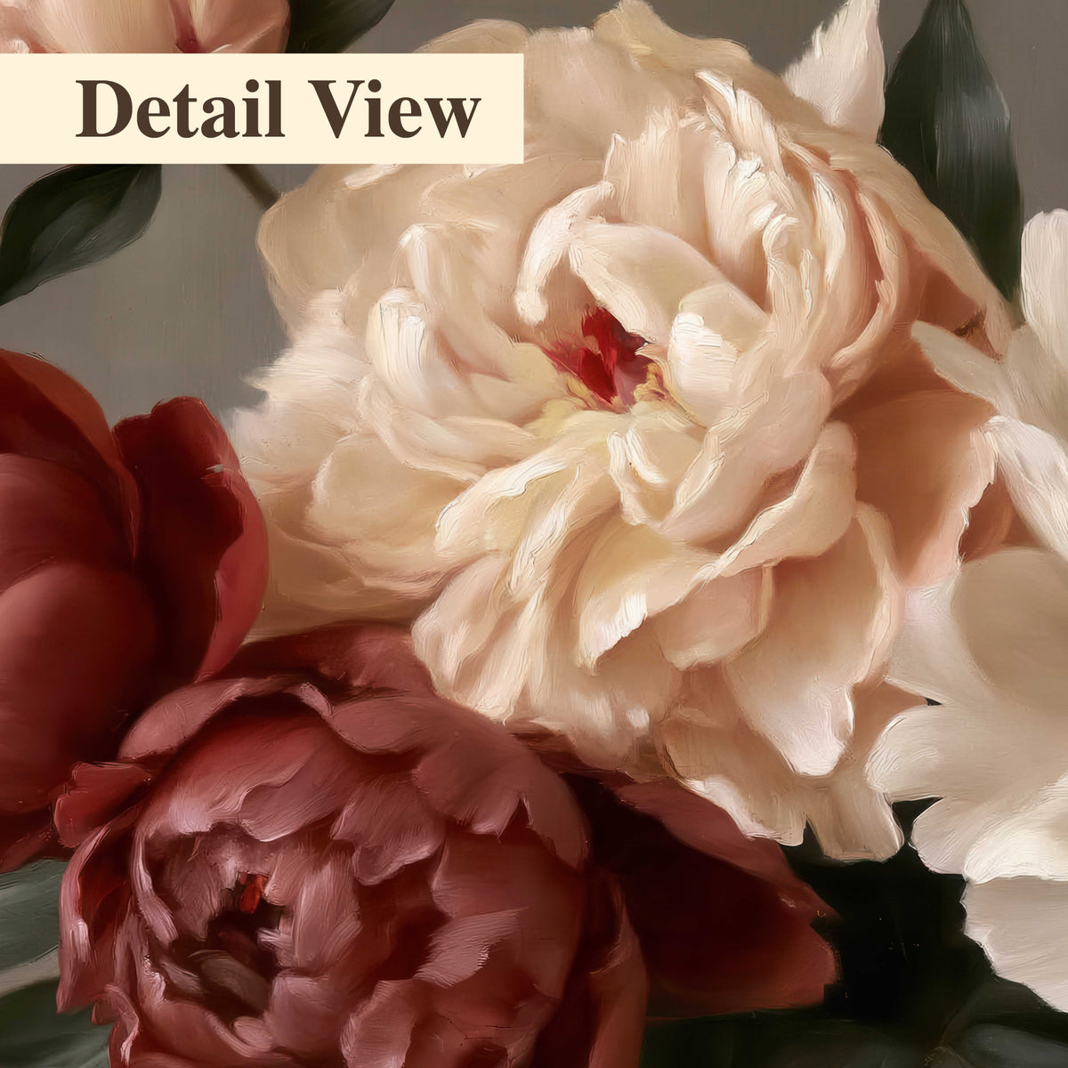 Large blush peonies and rust-colored flowers in a softly shaded arrangement 3 piece canvas wall art artwork detail close up