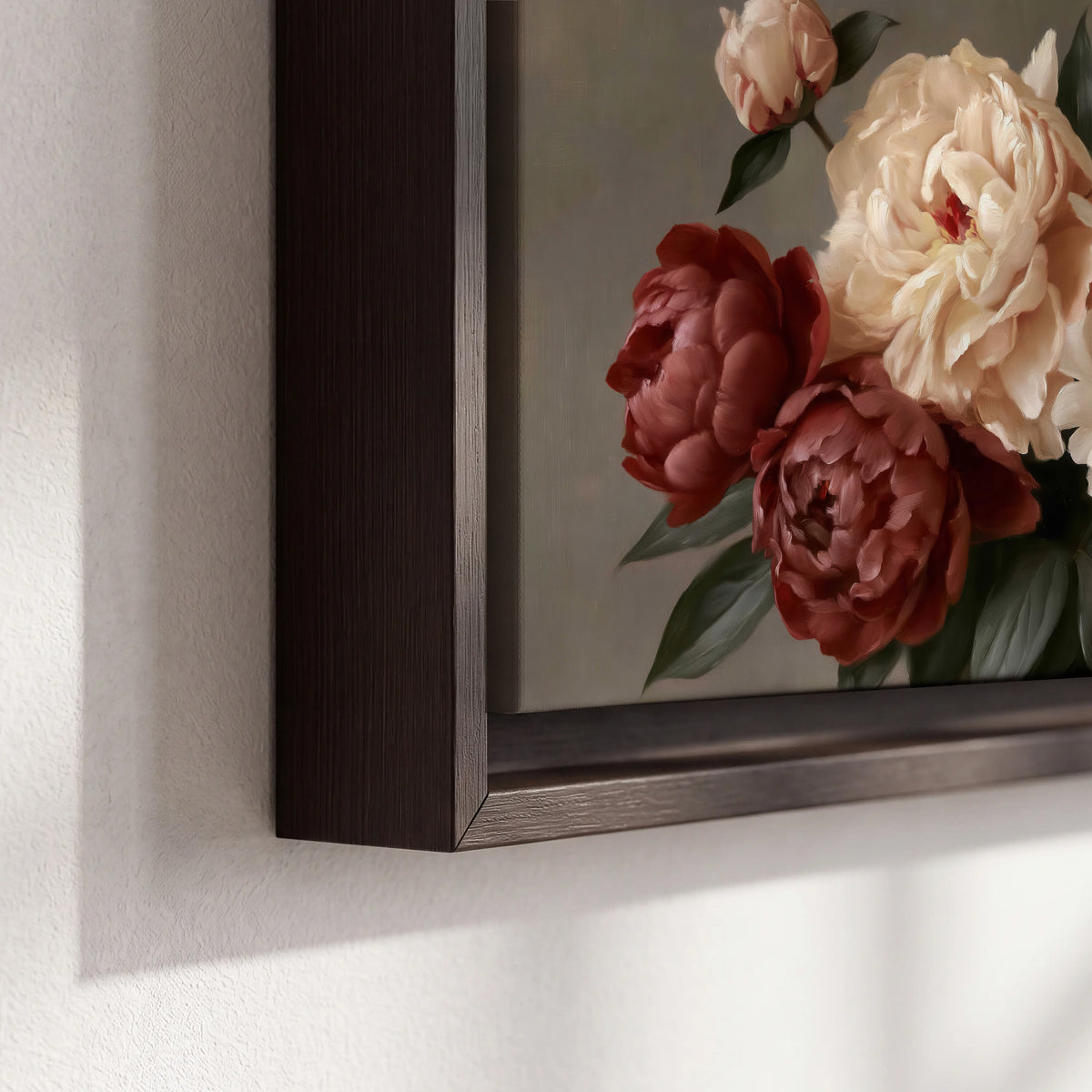 Large blush peonies and rust-colored flowers in a softly shaded arrangement 3 piece framed canvas wall art material and edge close up