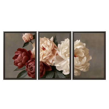 Large blush peonies and rust-colored flowers in a softly shaded arrangement 3 piece framed canvas wall art viewed straight on