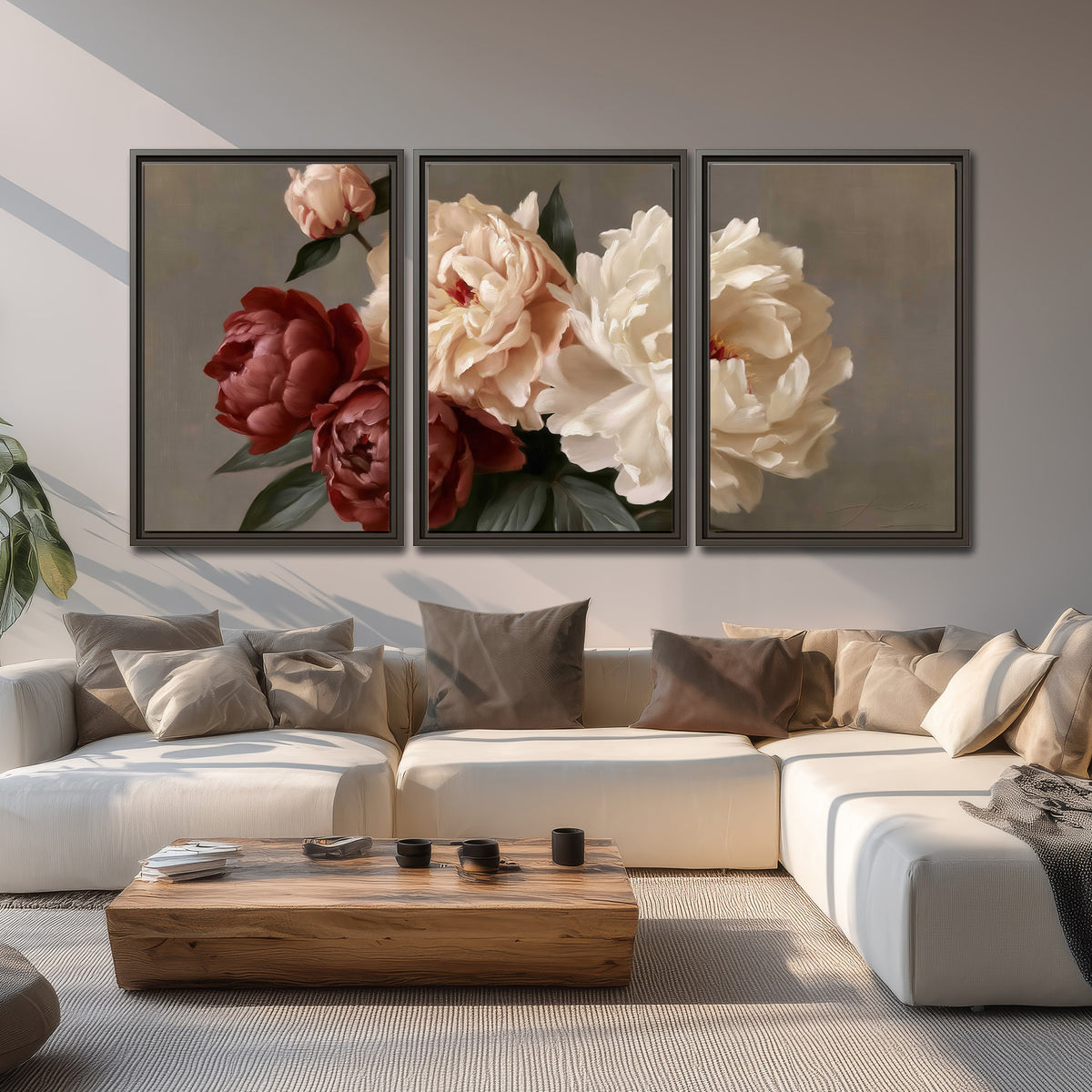 Large blush peonies and rust-colored flowers in a softly shaded arrangement 3 piece framed canvas wall art displayed in a living room