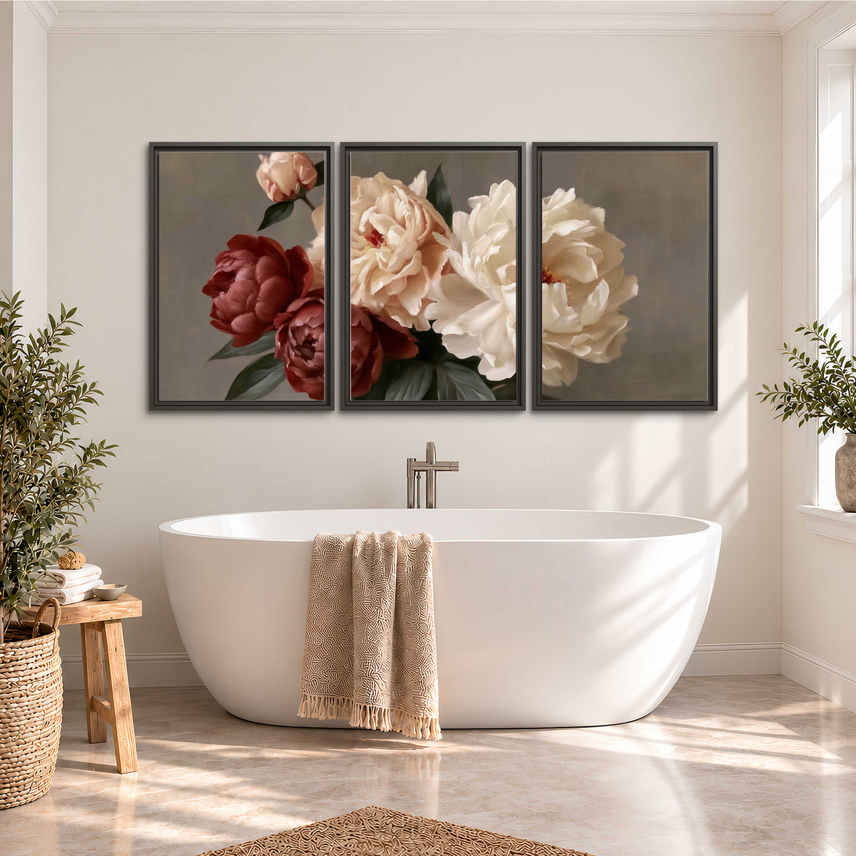 Large blush peonies and rust-colored flowers in a softly shaded arrangement 3 piece framed canvas wall art styled in an interior