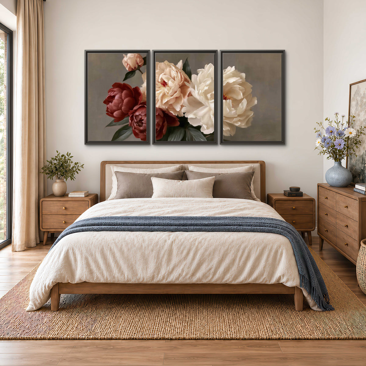 Large blush peonies and rust-colored flowers in a softly shaded arrangement 3 piece framed canvas wall art styled in an interior