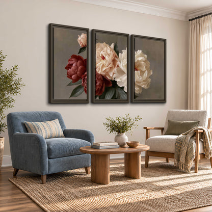 Large blush peonies and rust-colored flowers in a softly shaded arrangement 3 piece framed canvas wall art styled in an interior