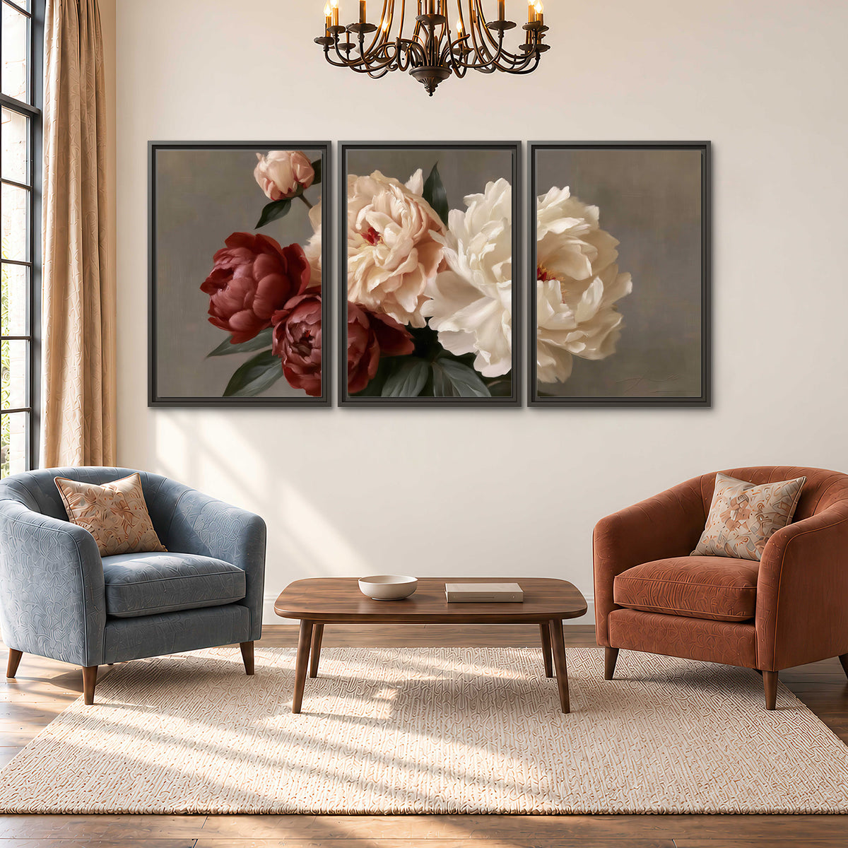 Large blush peonies and rust-colored flowers in a softly shaded arrangement 3 piece framed canvas wall art styled in an interior