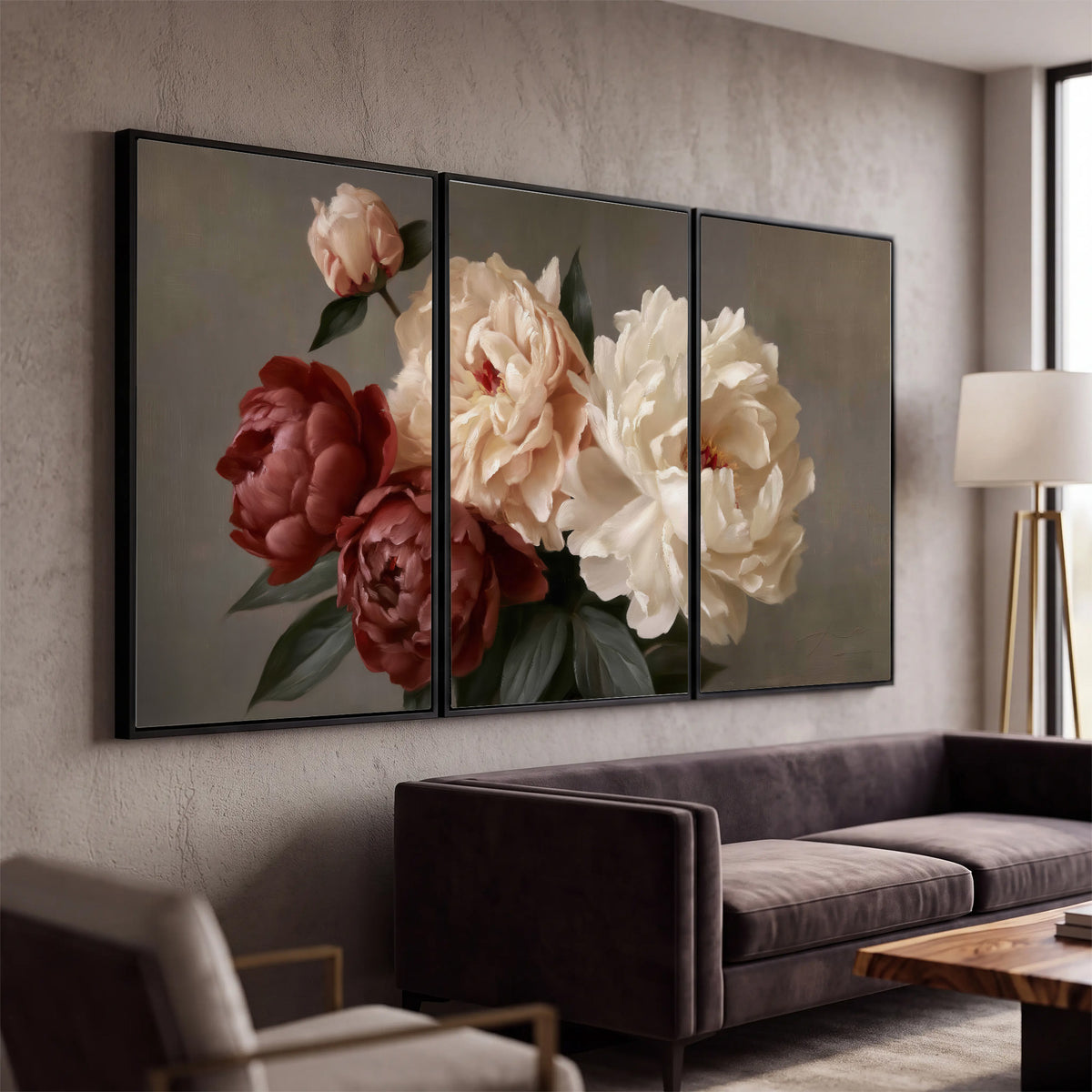 Large blush peonies and rust-colored flowers in a softly shaded arrangement 3 piece framed canvas wall art displayed in a modern living room