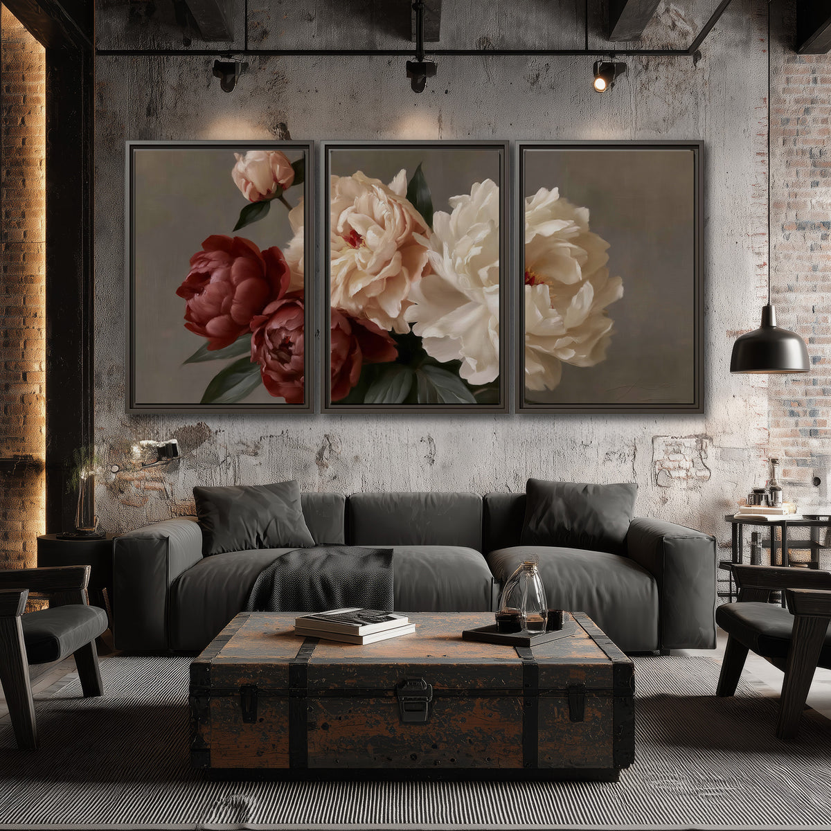 Large blush peonies and rust-colored flowers in a softly shaded arrangement 3 piece framed canvas wall art displayed in a industrial room