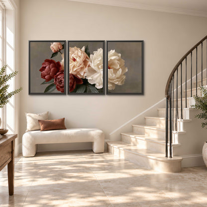 Large blush peonies and rust-colored flowers in a softly shaded arrangement 3 piece framed canvas wall art styled in an interior