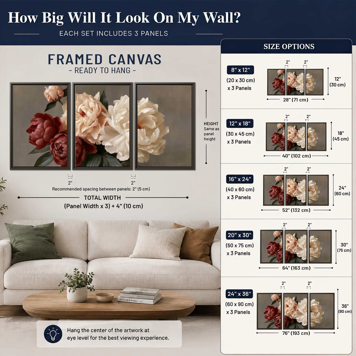 Large blush peonies and rust-colored flowers in a softly shaded arrangement 3 piece framed canvas wall art size guide above a sofa; room view is illustrative