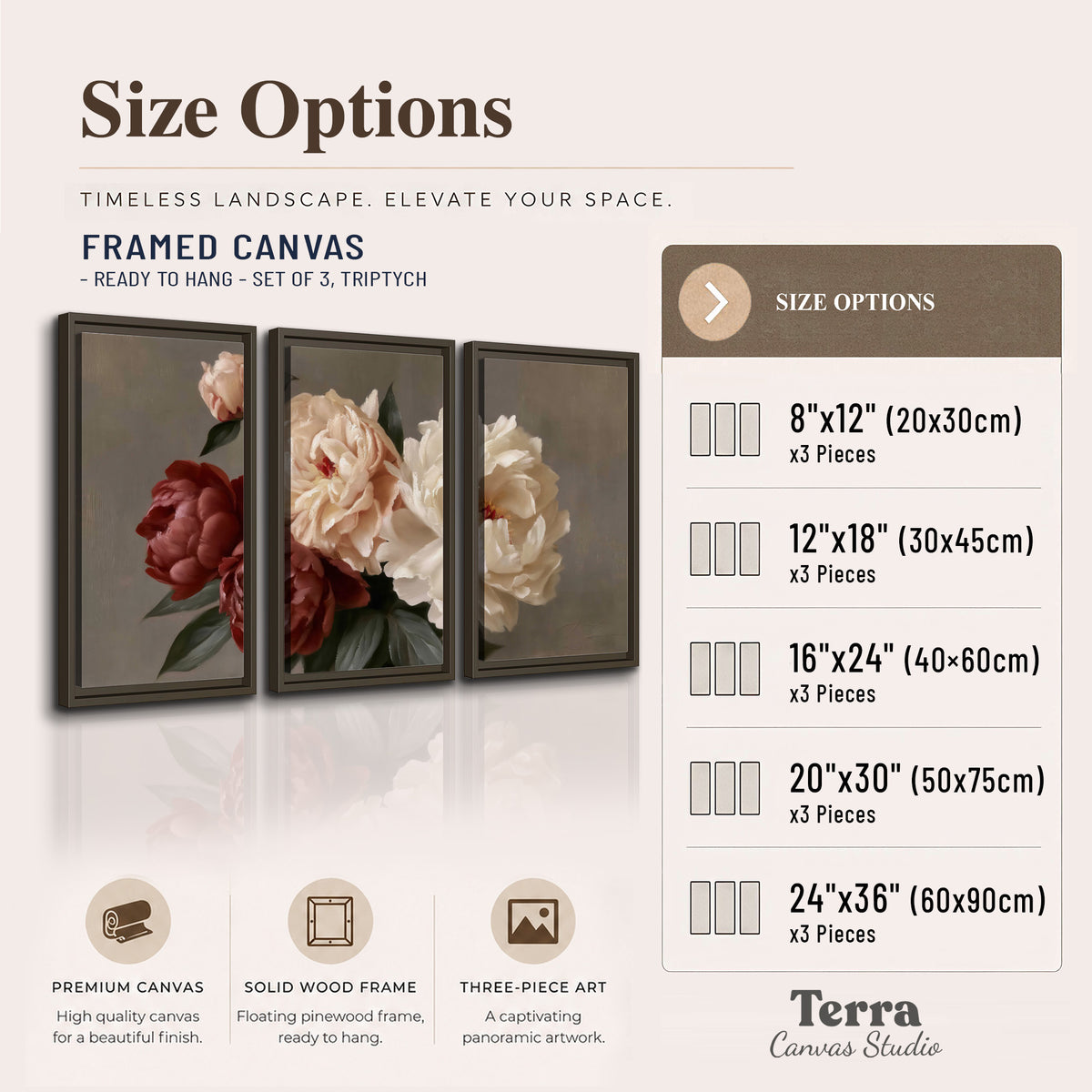 Large blush peonies and rust-colored flowers in a softly shaded arrangement 3 piece framed canvas wall art available dimensions; triptych dimensions are per panel