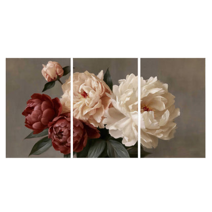 Large blush peonies and rust-colored flowers in a softly shaded arrangement set of 3 poster prints viewed straight on