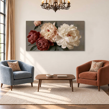 Large blush peonies and rust-colored flowers in a softly shaded arrangement single canvas wall art styled in an interior