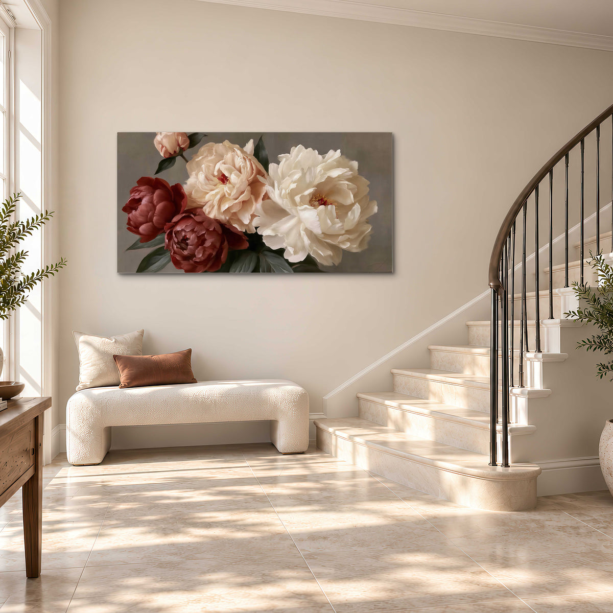 Large blush peonies and rust-colored flowers in a softly shaded arrangement single canvas wall art styled in an interior
