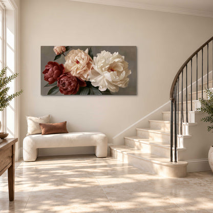 Large blush peonies and rust-colored flowers in a softly shaded arrangement single canvas wall art styled in an interior