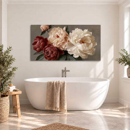 Large blush peonies and rust-colored flowers in a softly shaded arrangement single canvas wall art styled in an interior