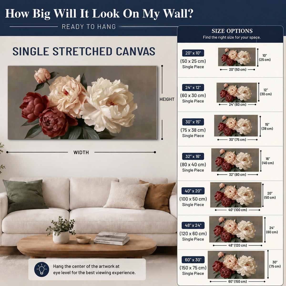 Large blush peonies and rust-colored flowers in a softly shaded arrangement single canvas wall art size guide above a sofa; room view is illustrative