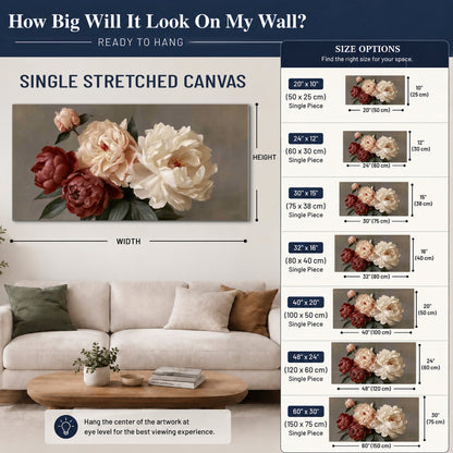 Large blush peonies and rust-colored flowers in a softly shaded arrangement single canvas wall art size guide above a sofa; room view is illustrative
