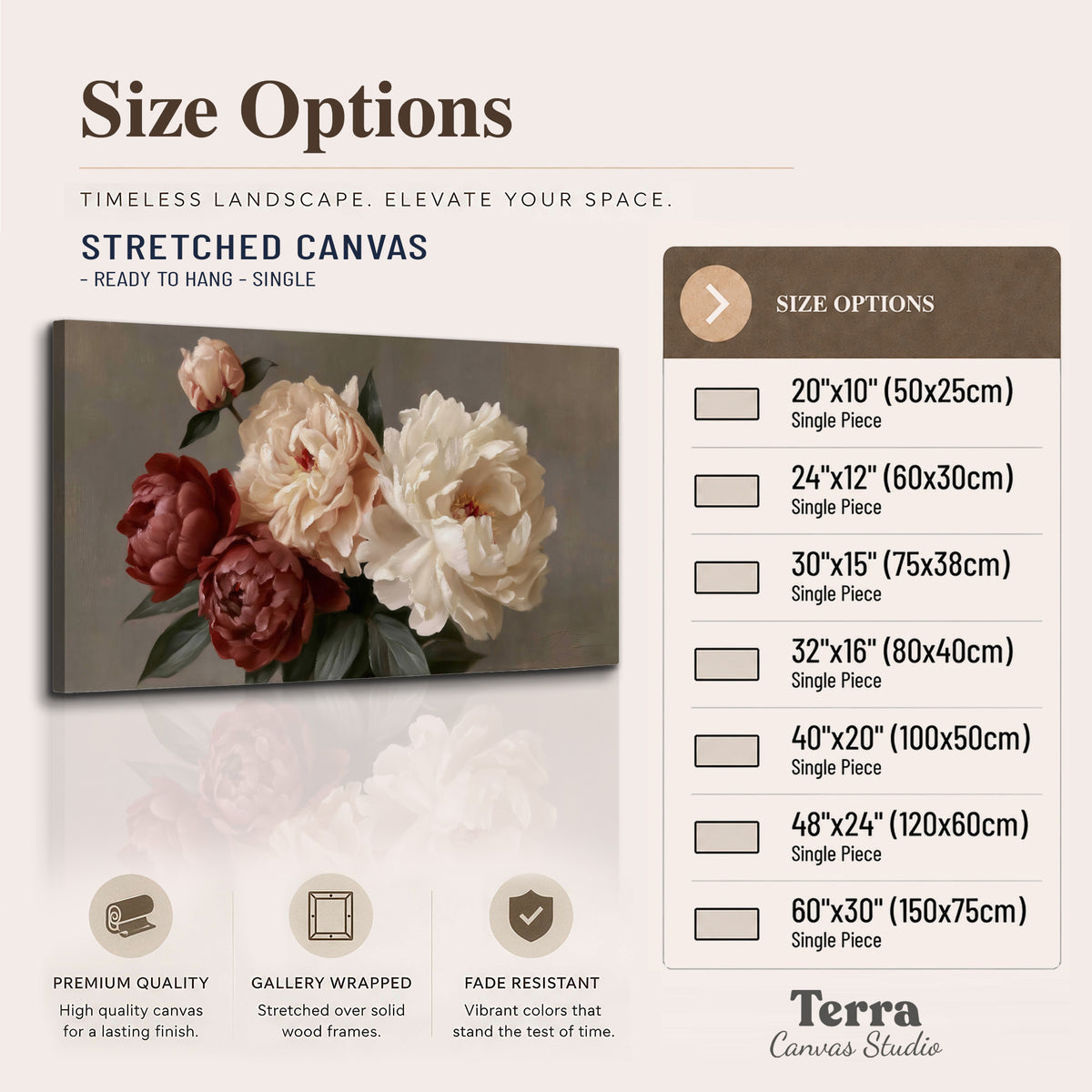 Large blush peonies and rust-colored flowers in a softly shaded arrangement single canvas wall art available dimensions