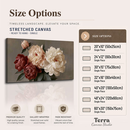 Large blush peonies and rust-colored flowers in a softly shaded arrangement single canvas wall art available dimensions