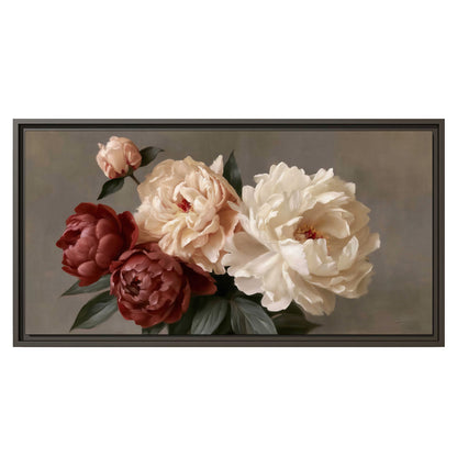 Large blush peonies and rust-colored flowers in a softly shaded arrangement single framed canvas wall art viewed straight on
