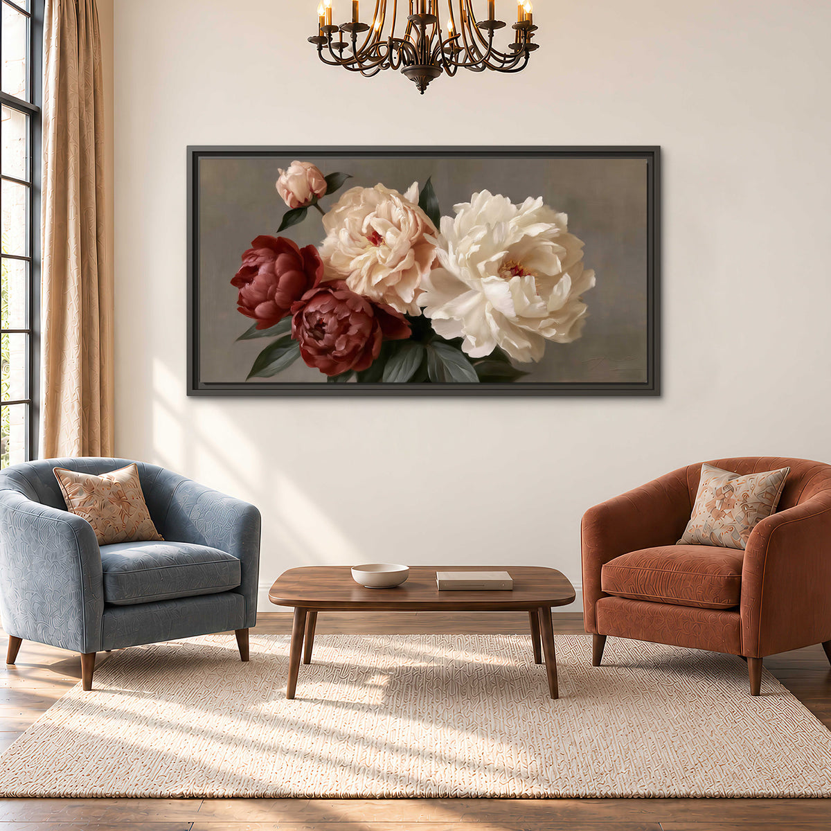 Large blush peonies and rust-colored flowers in a softly shaded arrangement single framed canvas wall art styled in an interior