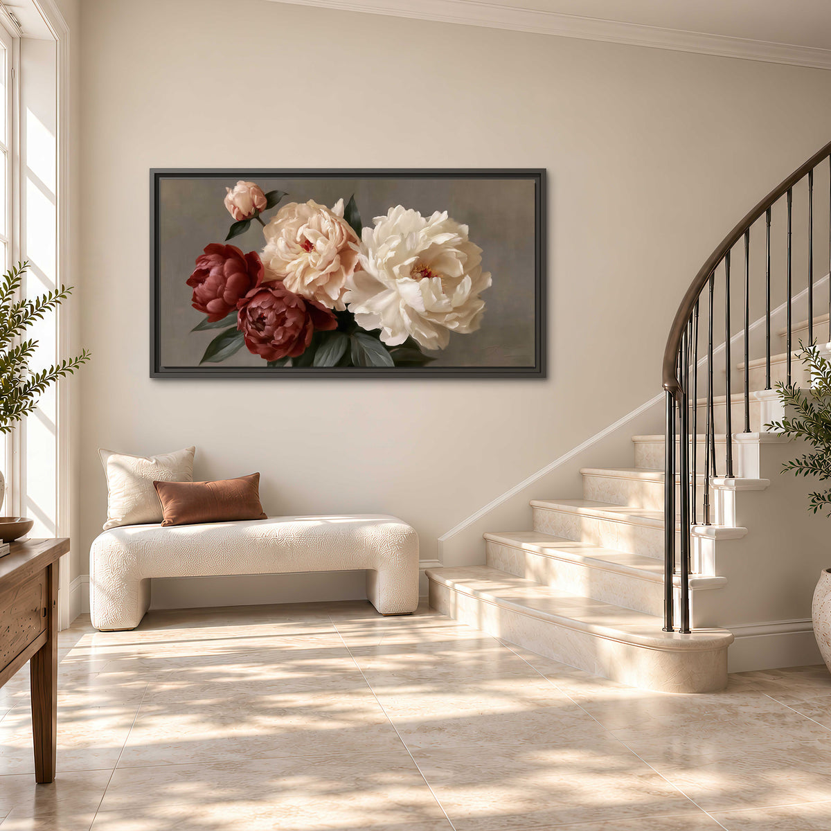 Large blush peonies and rust-colored flowers in a softly shaded arrangement single framed canvas wall art styled in an interior