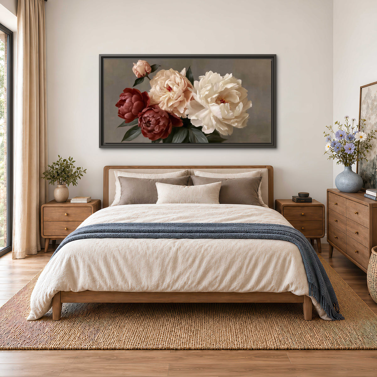 Large blush peonies and rust-colored flowers in a softly shaded arrangement single framed canvas wall art styled in an interior