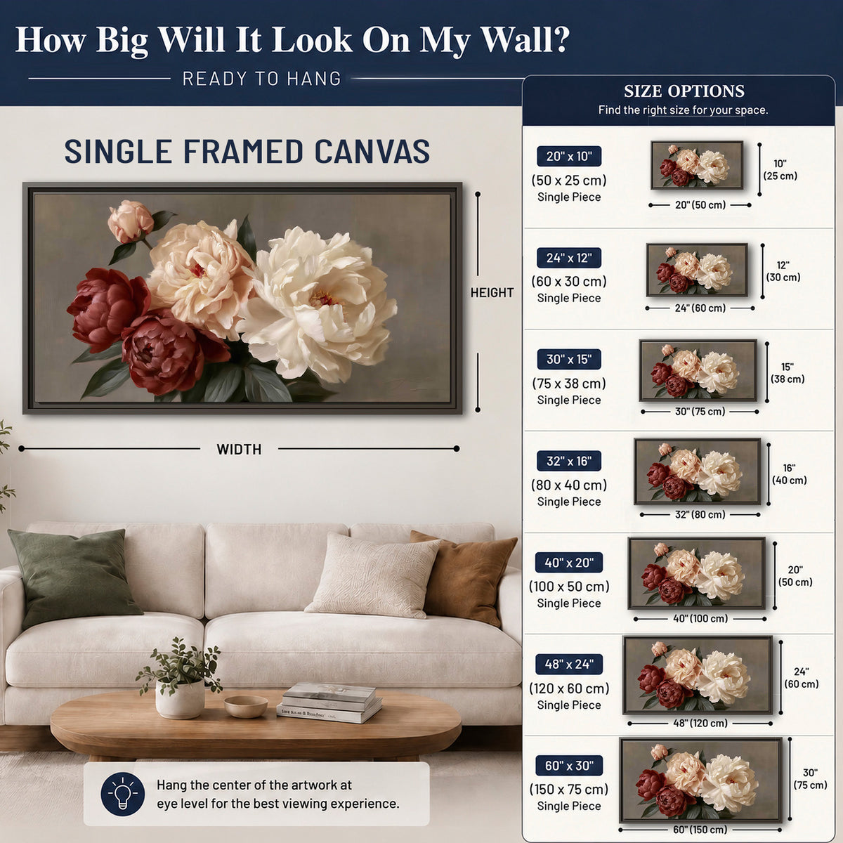 Large blush peonies and rust-colored flowers in a softly shaded arrangement single framed canvas wall art size guide above a sofa; room view is illustrative