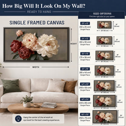 Large blush peonies and rust-colored flowers in a softly shaded arrangement single framed canvas wall art size guide above a sofa; room view is illustrative
