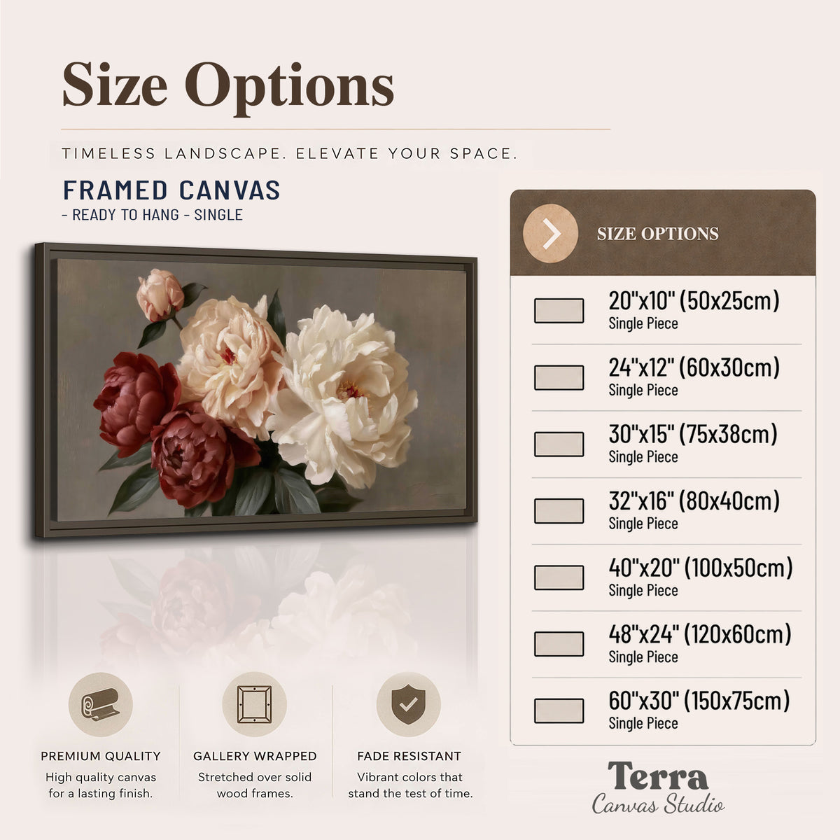Large blush peonies and rust-colored flowers in a softly shaded arrangement single framed canvas wall art available dimensions