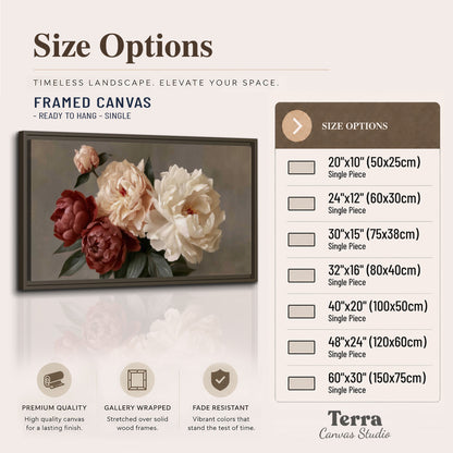Large blush peonies and rust-colored flowers in a softly shaded arrangement single framed canvas wall art available dimensions
