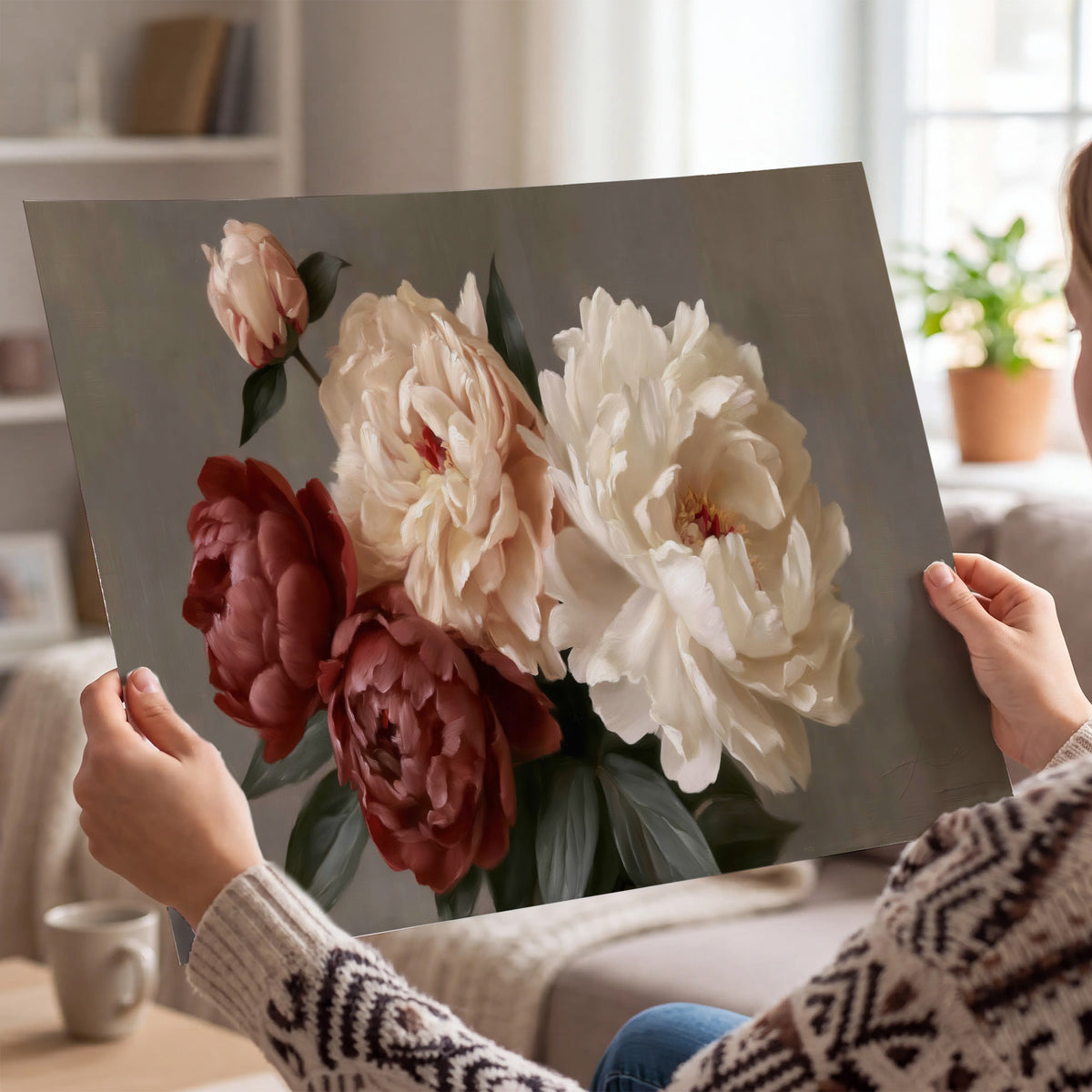 Large blush peonies and rust-colored flowers in a softly shaded arrangement single poster print held in hands