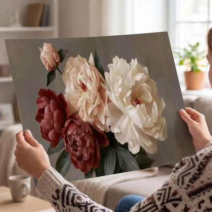 Large blush peonies and rust-colored flowers in a softly shaded arrangement single poster print held in hands