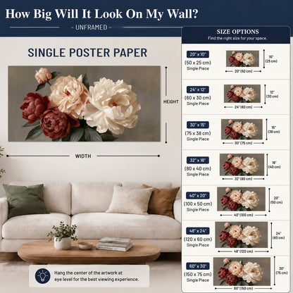 Large blush peonies and rust-colored flowers in a softly shaded arrangement single poster print size guide above a sofa; room view is illustrative