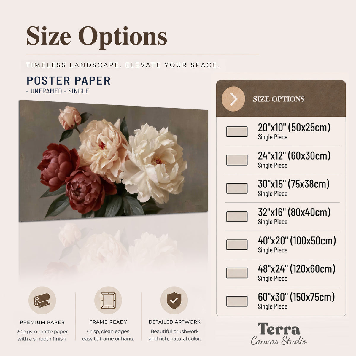 Large blush peonies and rust-colored flowers in a softly shaded arrangement single poster print available dimensions