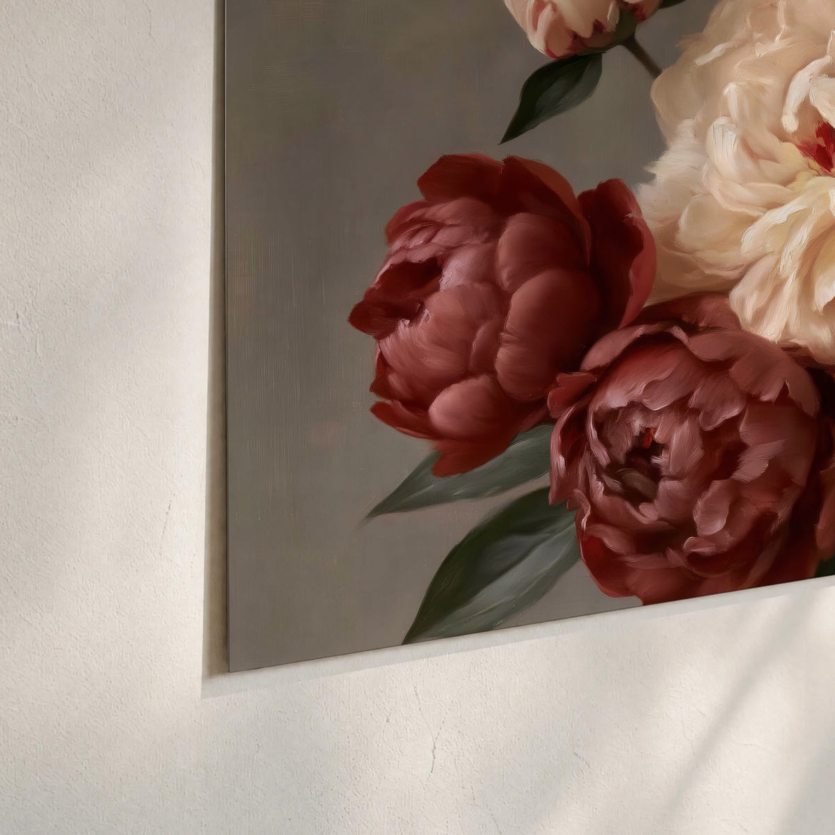 Large blush peonies and rust-colored flowers in a softly shaded arrangement set of 3 poster prints material and edge close up
