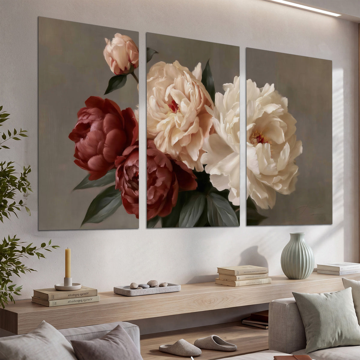 Large blush peonies and rust-colored flowers in a softly shaded arrangement set of 3 poster prints displayed in a console