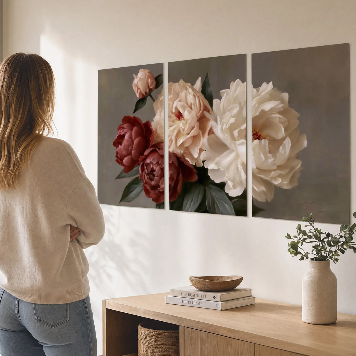 Large blush peonies and rust-colored flowers in a softly shaded arrangement set of 3 poster prints three panel arrangement on a wall