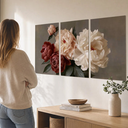 Large blush peonies and rust-colored flowers in a softly shaded arrangement set of 3 poster prints three panel arrangement on a wall