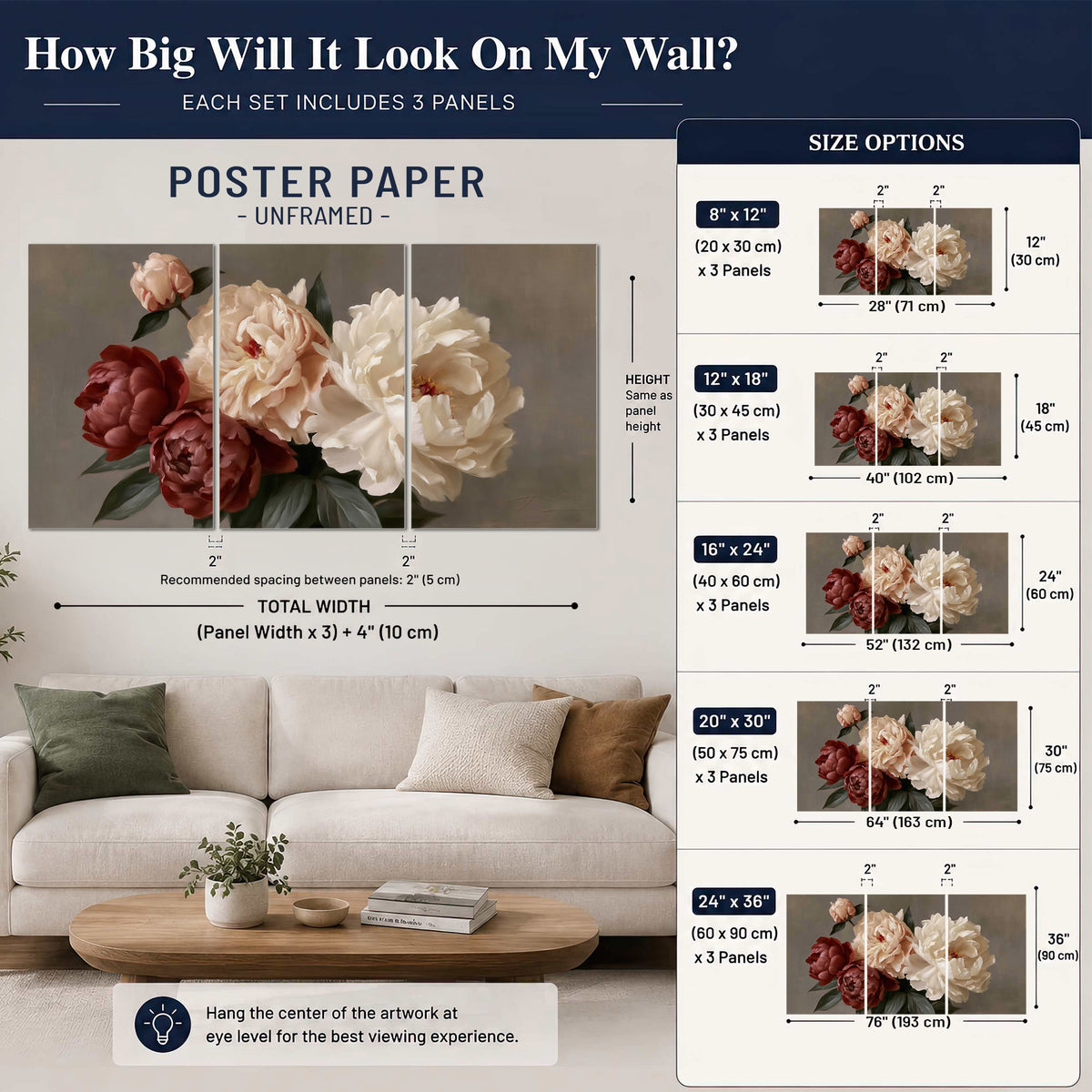 Large blush peonies and rust-colored flowers in a softly shaded arrangement set of 3 poster prints size guide above a sofa; room view is illustrative