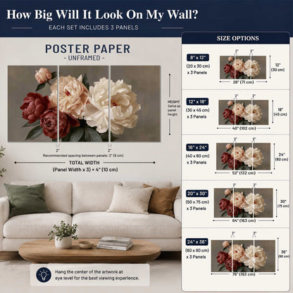Large blush peonies and rust-colored flowers in a softly shaded arrangement set of 3 poster prints size guide above a sofa; room view is illustrative