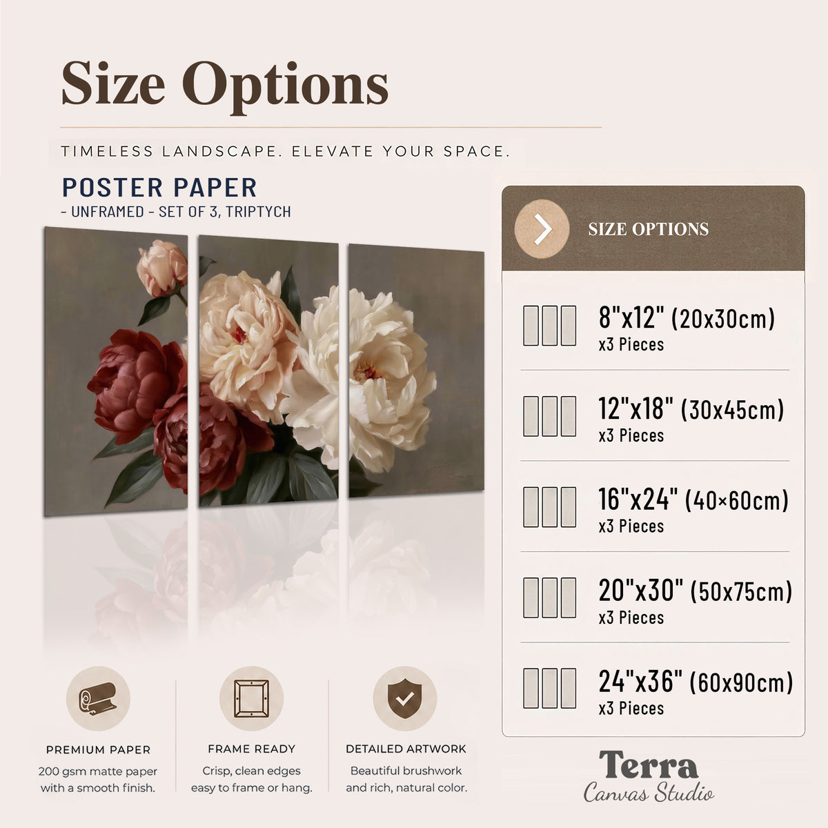 Large blush peonies and rust-colored flowers in a softly shaded arrangement set of 3 poster prints available dimensions; triptych dimensions are per panel