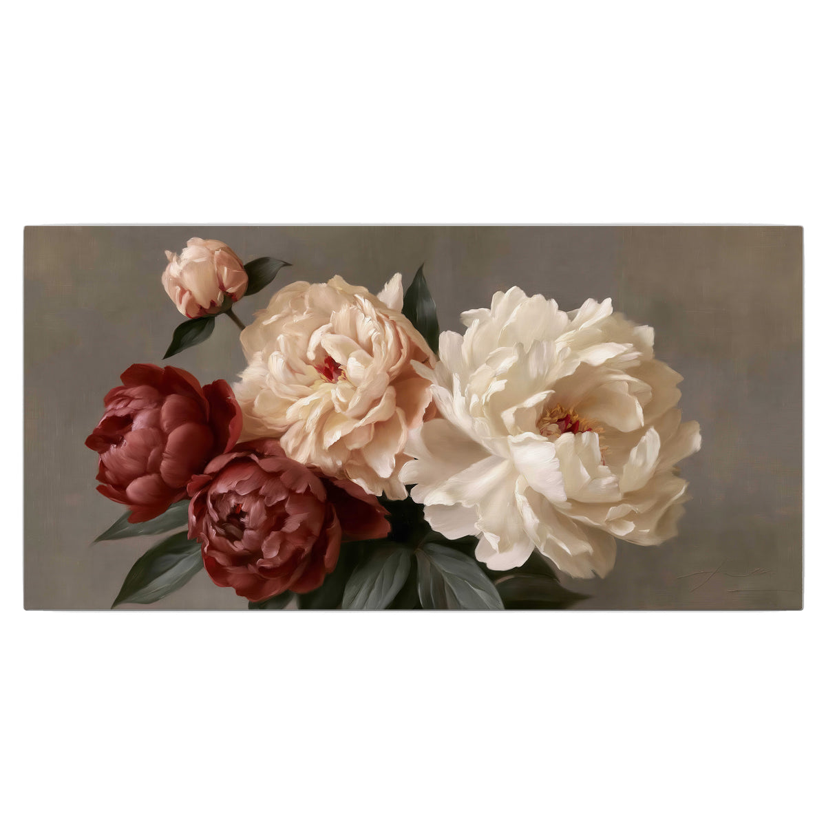 Large blush peonies and rust-colored flowers in a softly shaded arrangement single canvas wall art viewed straight on
