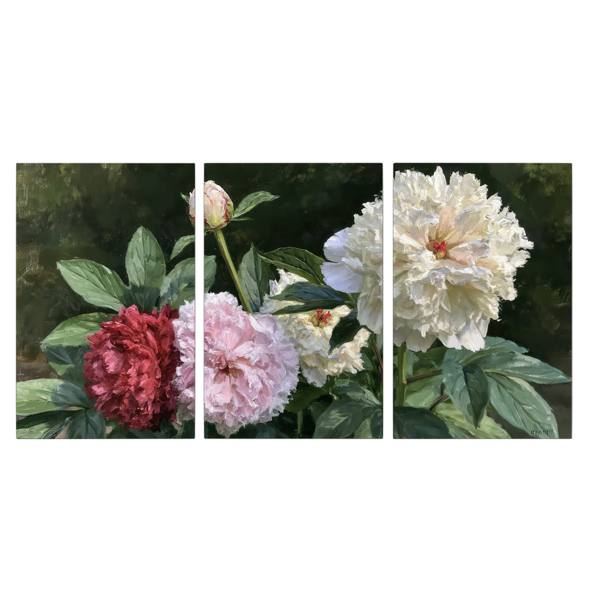 Cream, blush and red peonies surrounded by fresh green leaves 3 piece canvas wall art viewed straight on