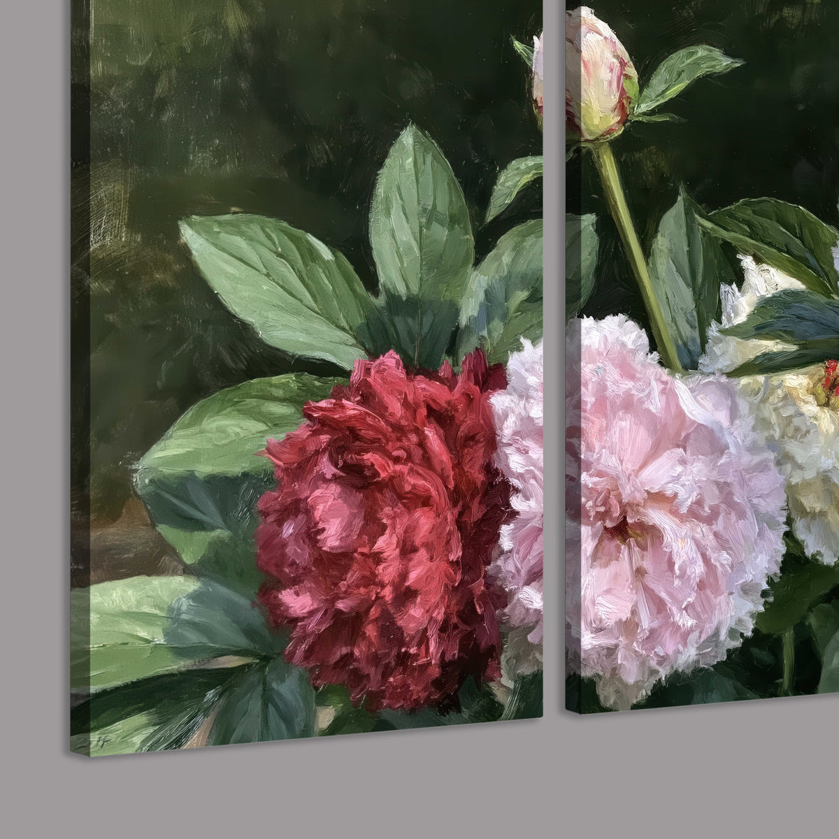 Cream, blush and red peonies surrounded by fresh green leaves 3 piece canvas wall art room and product view