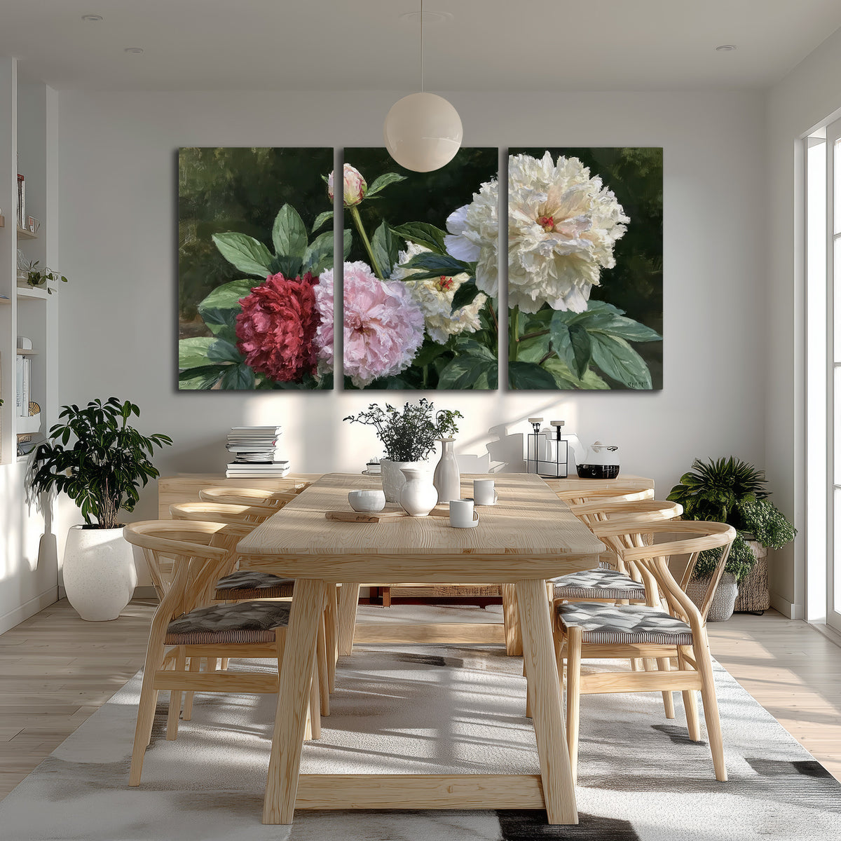 Cream, blush and red peonies surrounded by fresh green leaves 3 piece canvas wall art room and product view
