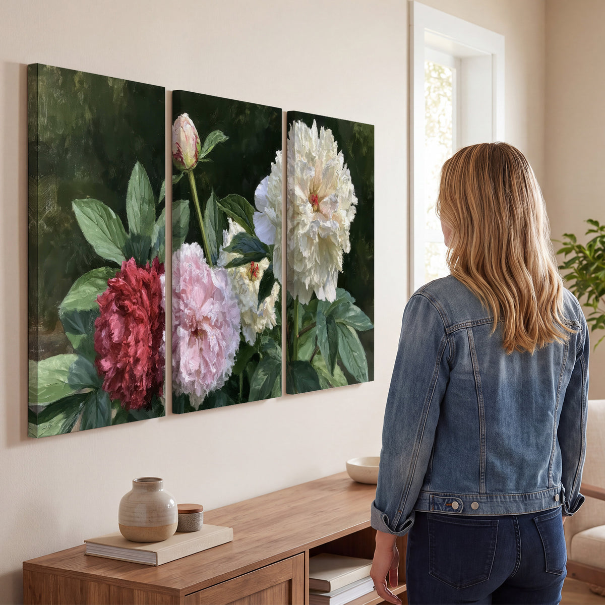 Cream, blush and red peonies surrounded by fresh green leaves 3 piece canvas wall art three panel arrangement on a wall