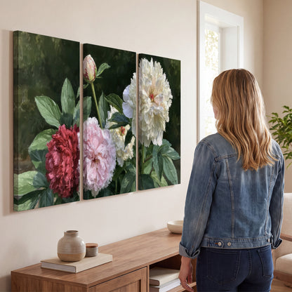 Cream, blush and red peonies surrounded by fresh green leaves 3 piece canvas wall art three panel arrangement on a wall