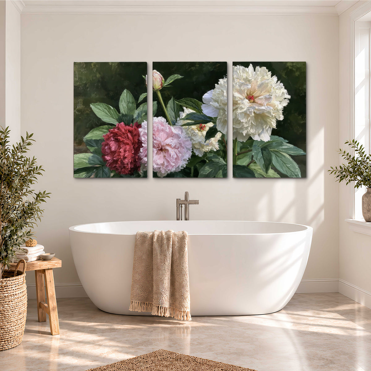 Cream, blush and red peonies surrounded by fresh green leaves 3 piece canvas wall art styled in an interior