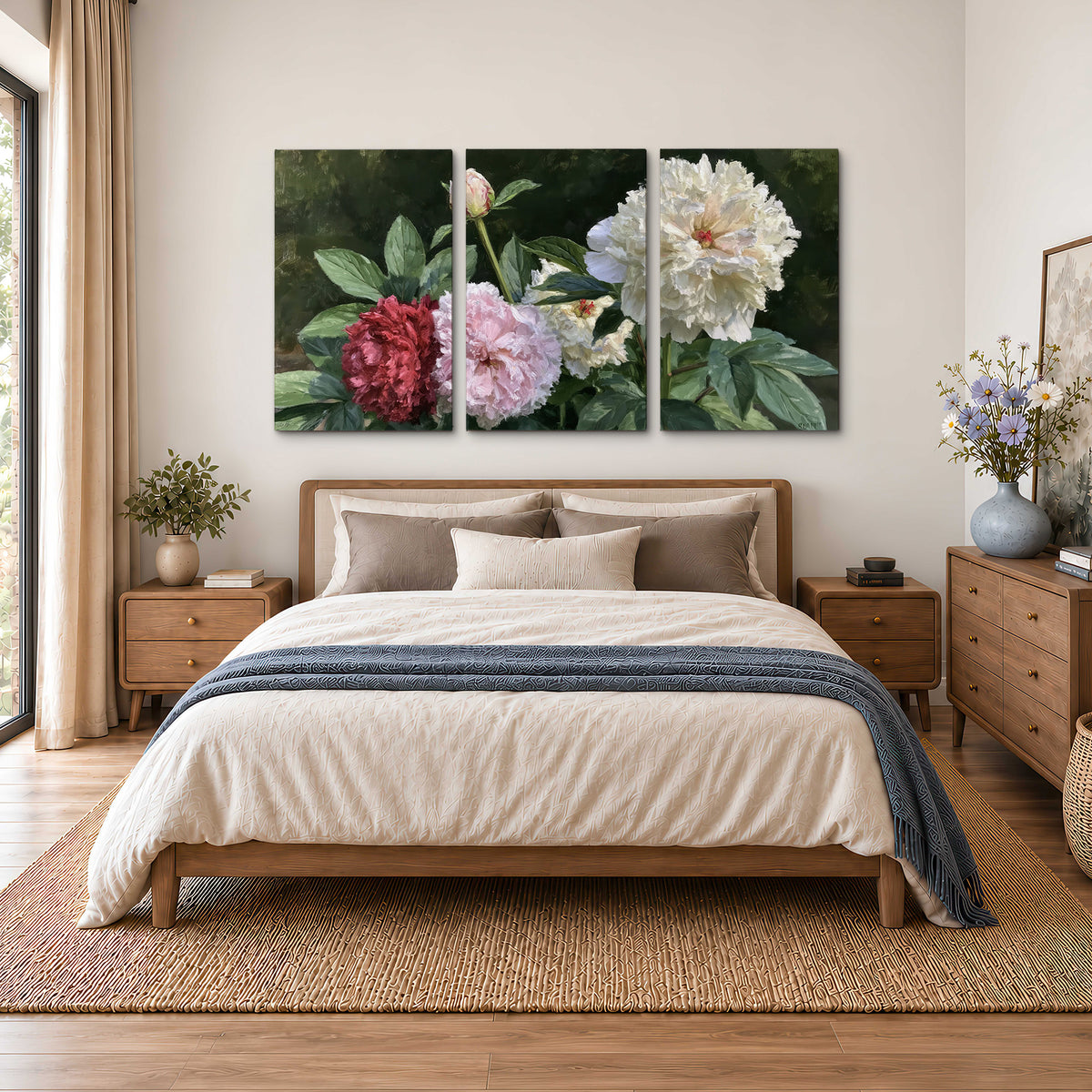 Cream, blush and red peonies surrounded by fresh green leaves 3 piece canvas wall art styled in an interior